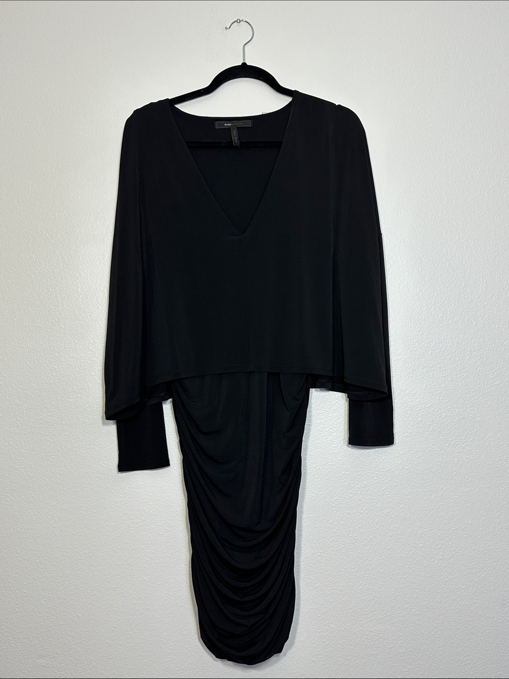 BCBGMaxAzria Black Long-Sleeve Draped V-Neck Dress